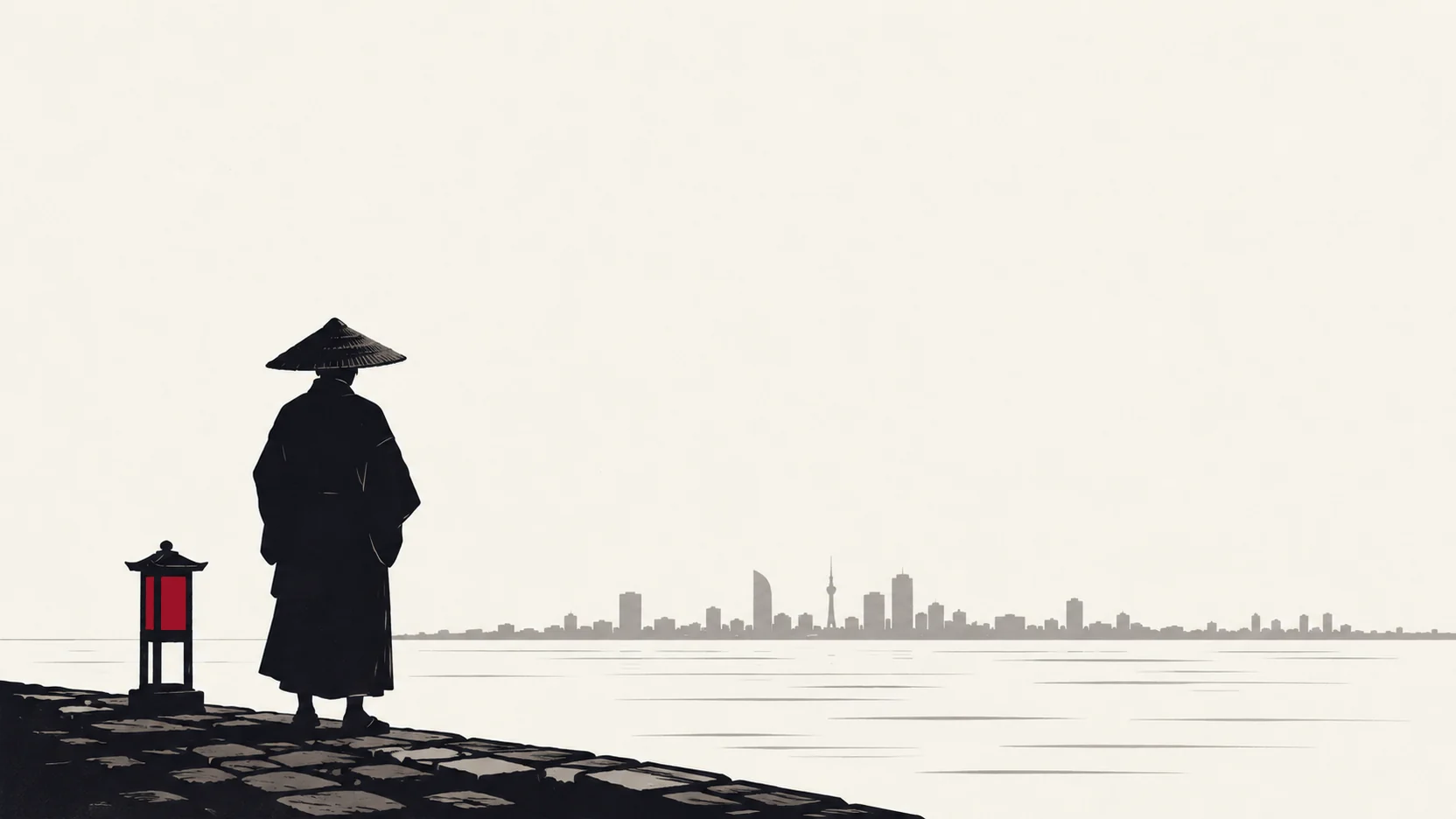A ronin in a straw hat, seen from behind, looking across calm water toward a distant city skyline, a small lantern glowing crimson beside him.