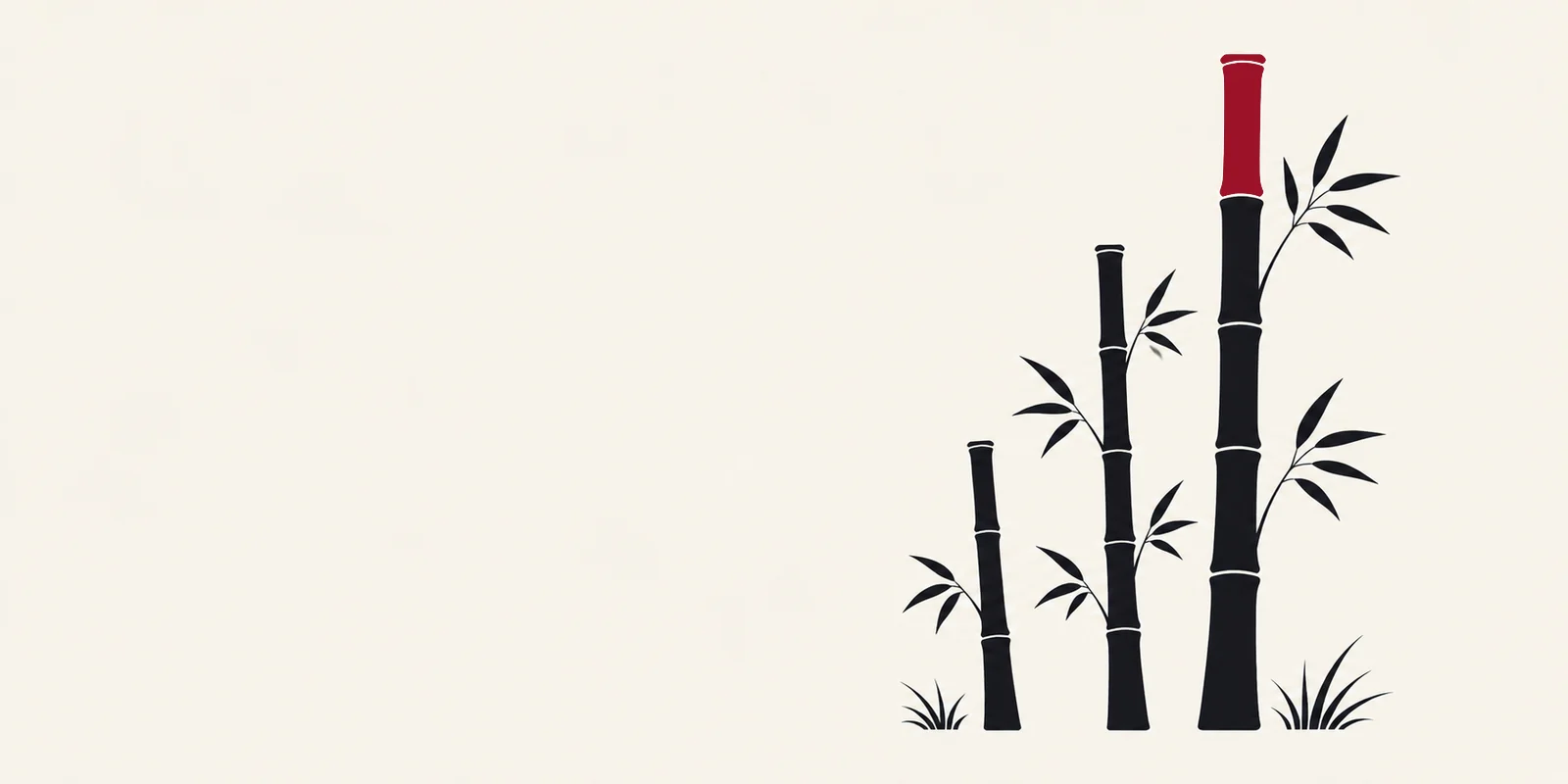 Three bamboo stalks of different heights; the newest top segment of the tallest is crimson.